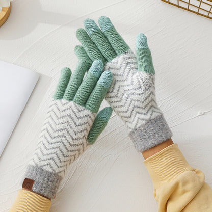 Wool Knitted Plaid Fleece-lined Thickened Cycling Five-finger Gloves