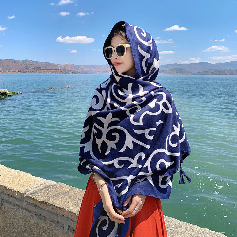 Women's Sunscreen Shawl Yunnan Grassland Travel Wear Silk Seaside Scarfs