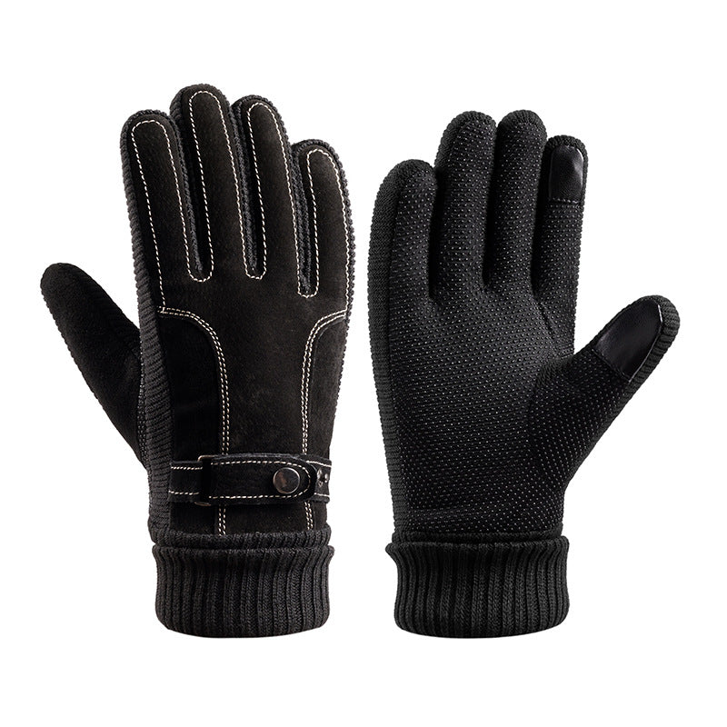 Men's Pig Leather Windproof Warm Motorcycle Fleece-lined Cycling Gloves