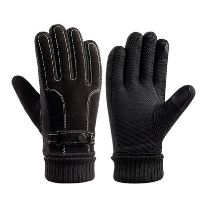 Men's Pig Leather Windproof Warm Motorcycle Fleece-lined Cycling Gloves