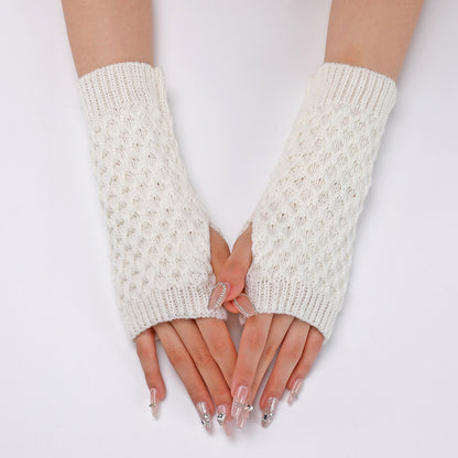 Women's Short Pineapple Flower Knitted Wool Oversleeve Warm Half Finger Gloves