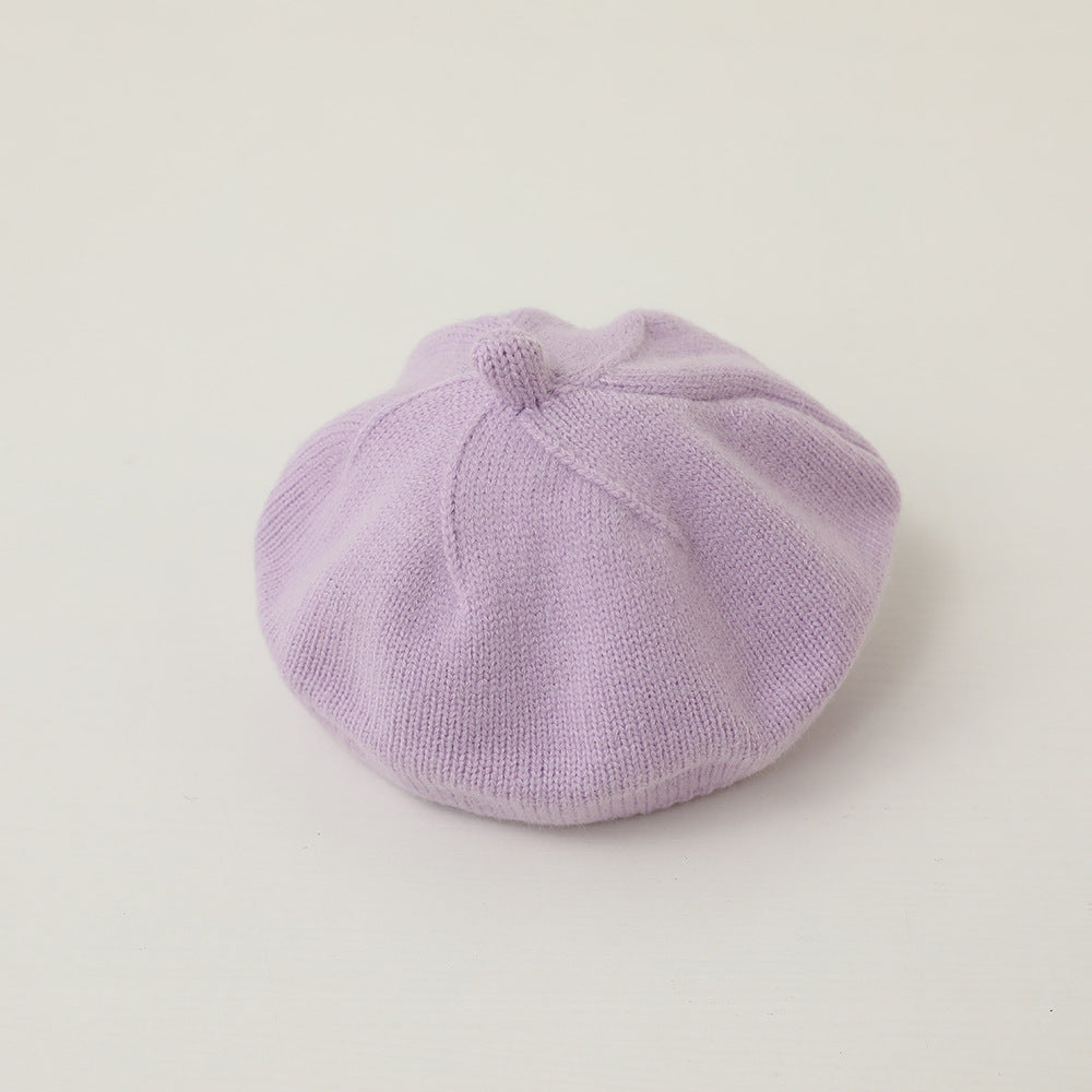 Children's Cream Color Solid Knitted Hat Beret Soft Kids' Headwear