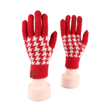 Wool Knitted Plaid Fleece-lined Thickened Cycling Five-finger Gloves