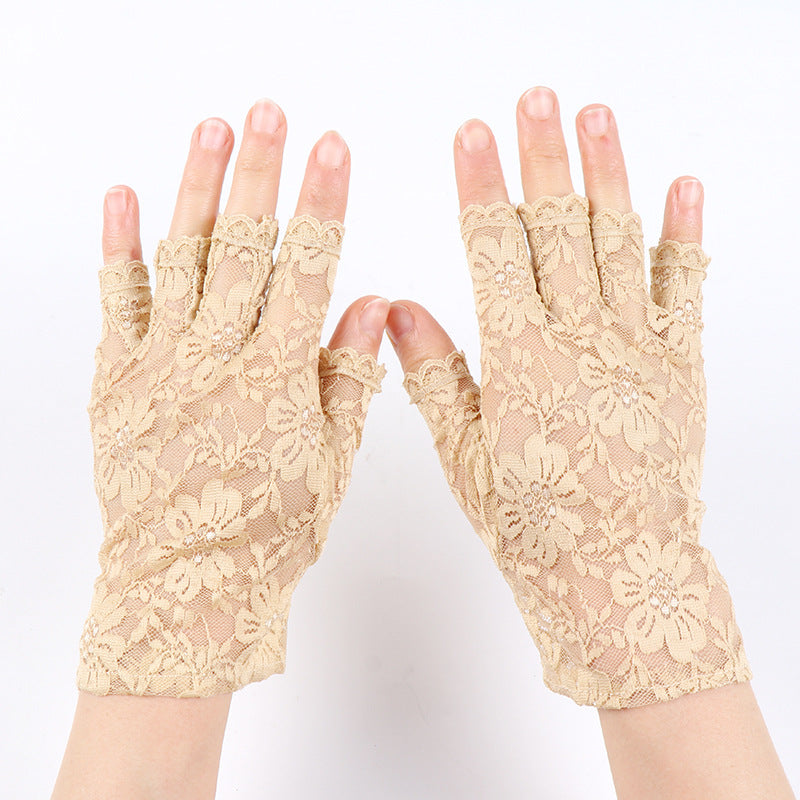 Half Finger Female Flower Black Sexy Cutout Mesh Gloves