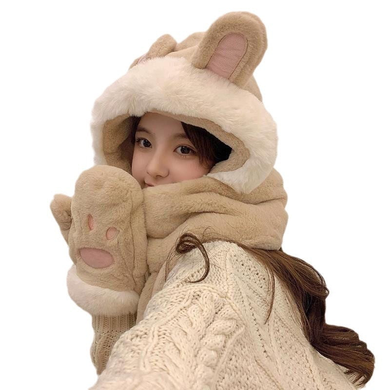 Women's Style Hat Three-piece Set Cute Rabbit Hats & Caps