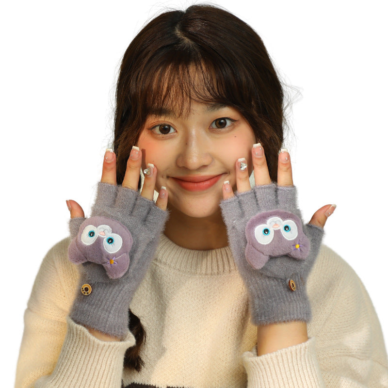 Women's Plush Cute Fleece-lined Open Finger Warm Gloves