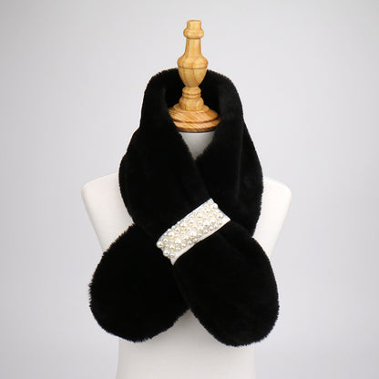 Women's Pearl Imitate Rex Rabbit Fur Plush Cross Thickened Scarfs