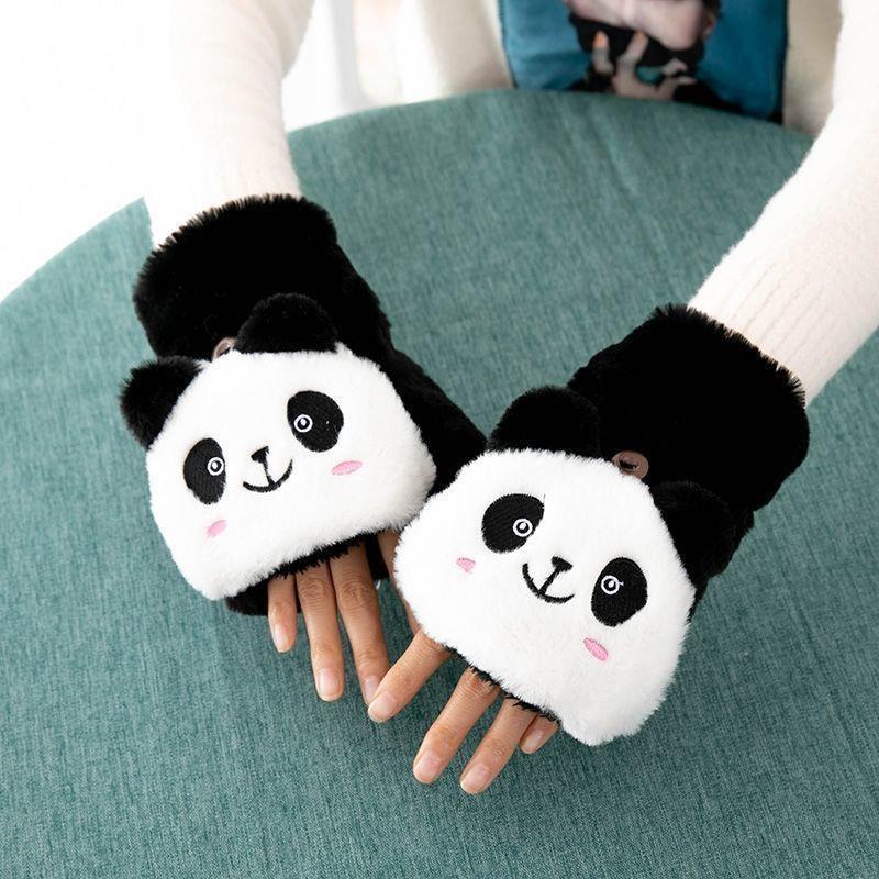 Women's Half Finger Korean Cute Cartoon Flip Fleece-lined Thickened Gloves