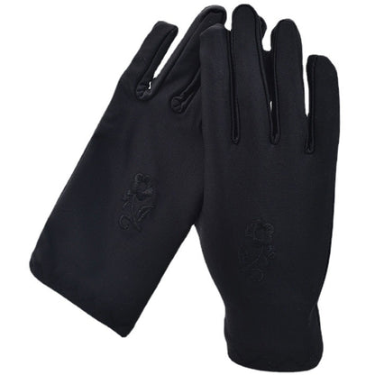 Women's Thin Type Sunscreen Short Embroidered Driving Spandex Stretch Black Gloves