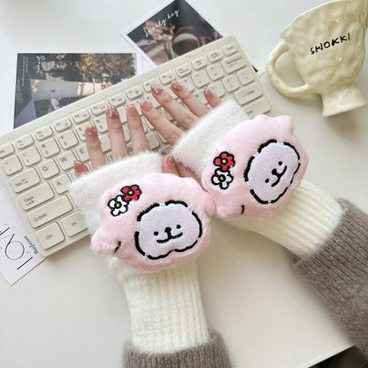 Half Finger Cartoon Knitted Bracers Thick Gloves