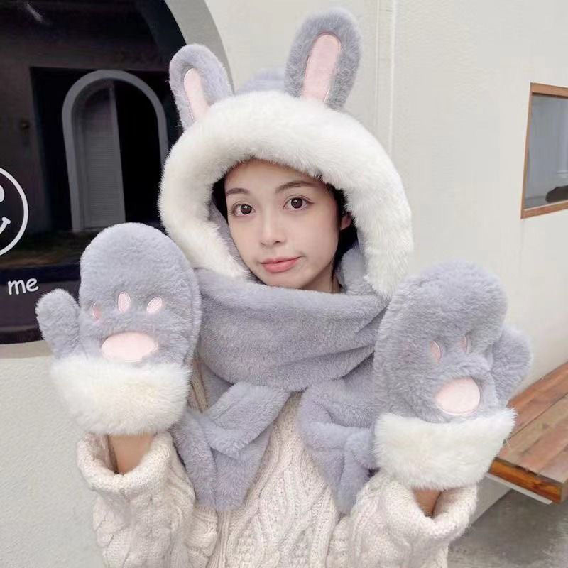 Women's Style Hat Three-piece Set Cute Rabbit Hats & Caps