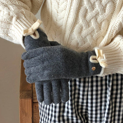 Women's Winter Bowknot Finger Wool Warm Touch Gloves