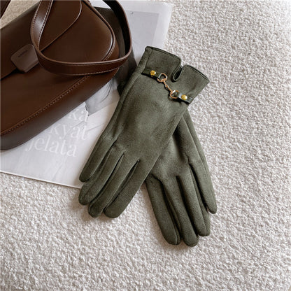 Women's Winter Suede Cycling Open Finger Touch Gloves