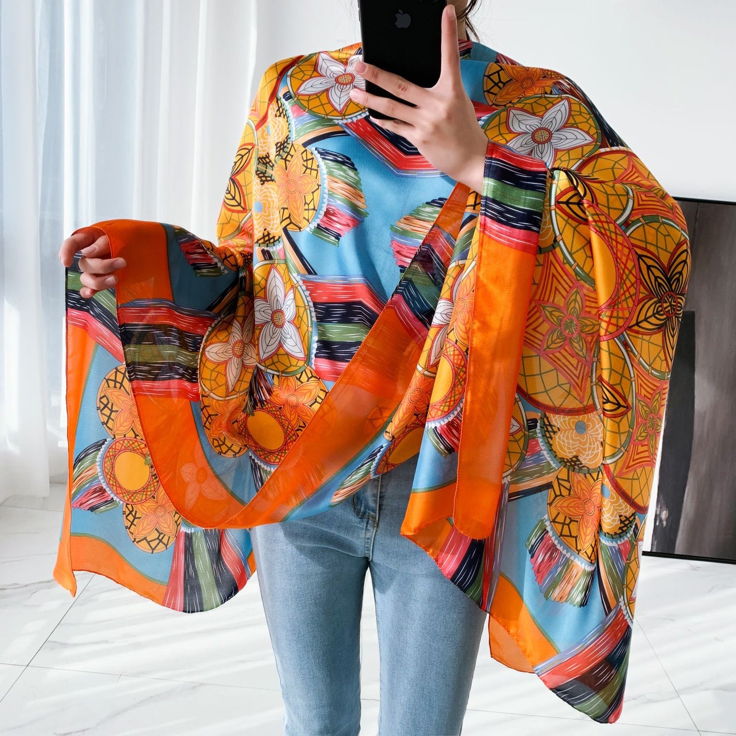 Women's Silk Satin Fashionable Western Style Long Scarfs