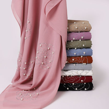 Live Broadcast Big Rose Rhinestone Beaded Pearl Chiffon Scarfs