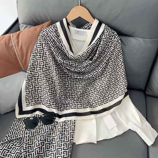 Women's Cotton Linen Korean Long Shawl Geometric Black Scarfs