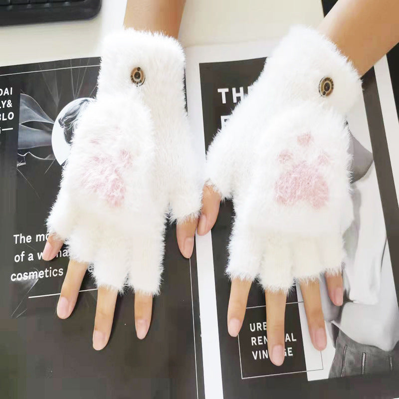 Flip Plush Cute Cat's Paw Fingerless Gloves