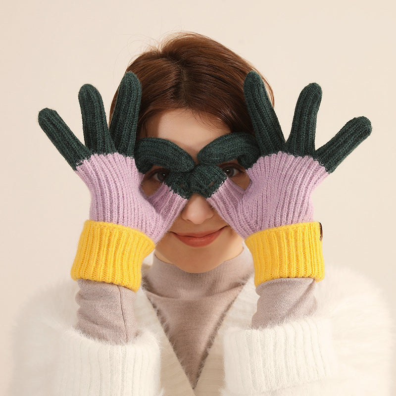 Contrast Color Touch Screen Fingerless Knitted Knitting Gloves