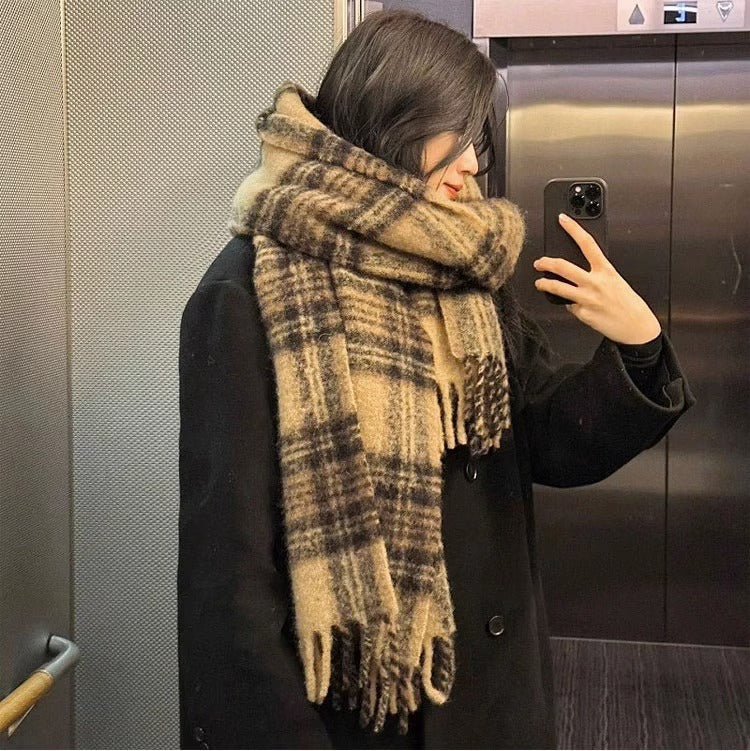 Women's Mohair Plaid Soft Glutinous Warm Thickened Scarfs