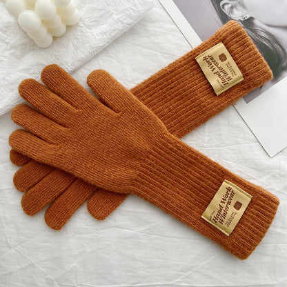 Women's Korean Style Solid Color Labeling Long Knitted Wool Finger Gloves