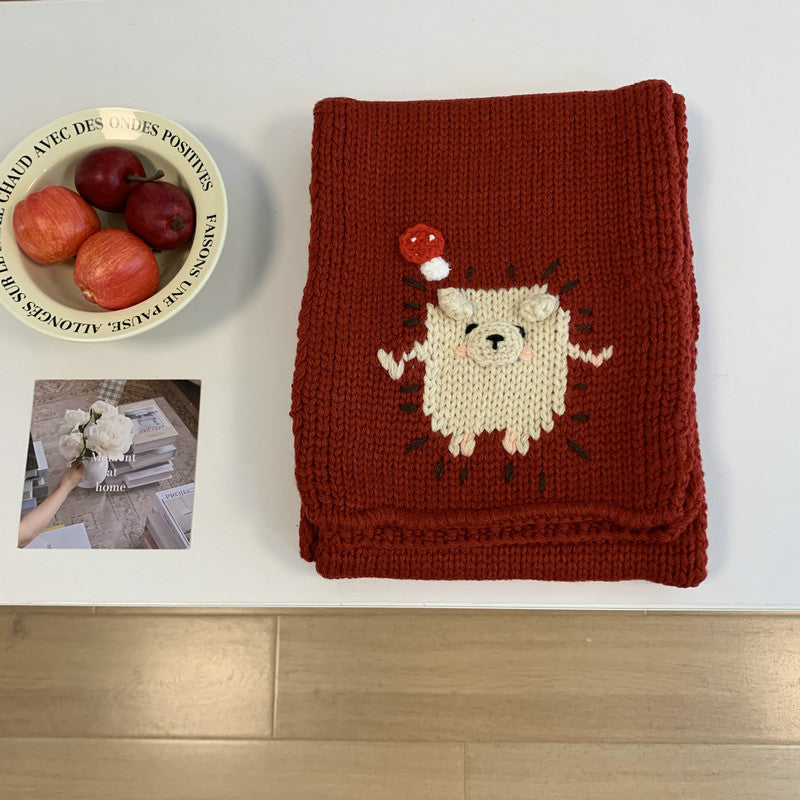 Mushroom Bear Embroidery Knitted Female Winter Warm Cute Scarfs