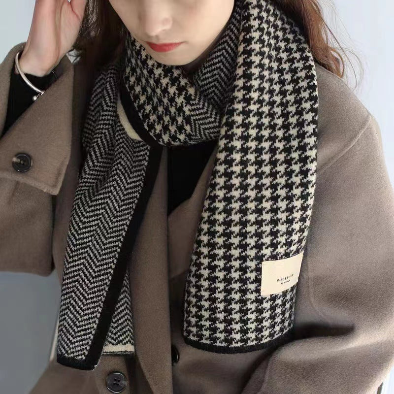 Korean Style Versatile Knitted Warm Herringbone Pattern Wool Contrast Scarfs