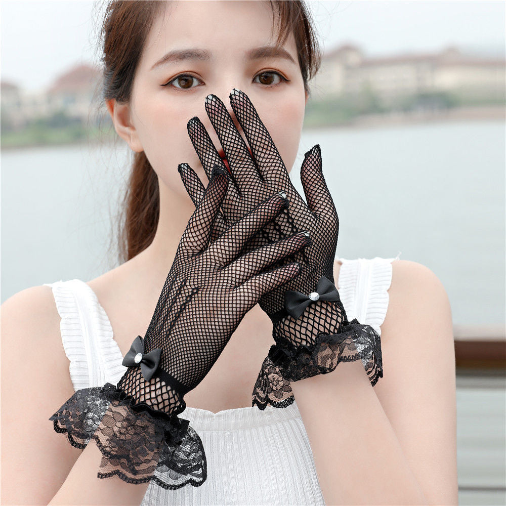 Women's Thin Sexy Mesh Black White Red Etiquette Wedding High Gloves