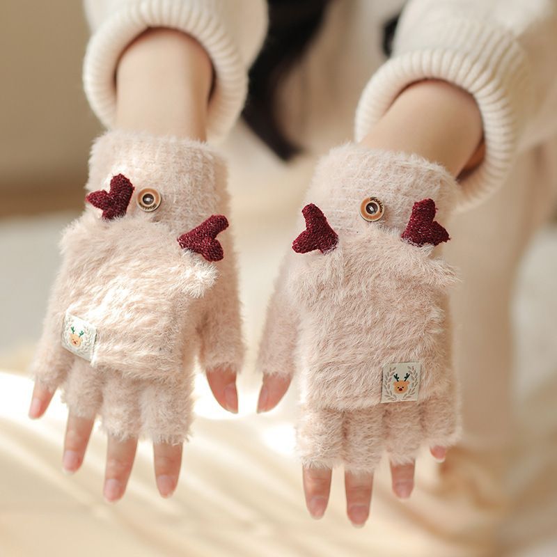 Horn Fleece-lined Korean Style Older Plush Wool Keep Warm Gloves