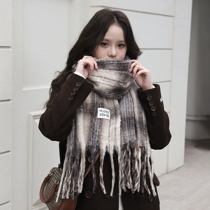 Women's Fur Plaid Korean Style Couple Shawl Scarfs