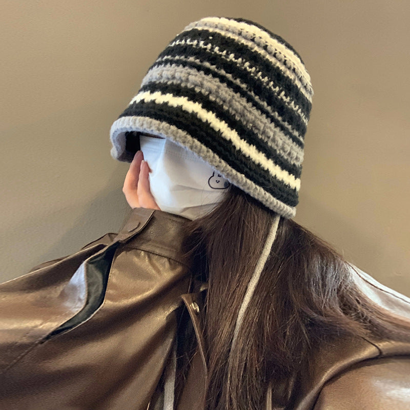 Women's Stripes Woolen Bucket Face Slimming Ear Hats & Caps