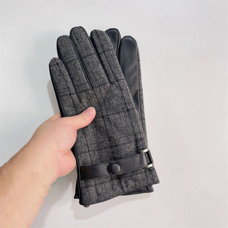 Men's Leather Patchwork Plaid Thermal Fleece-lined Thickened Gloves