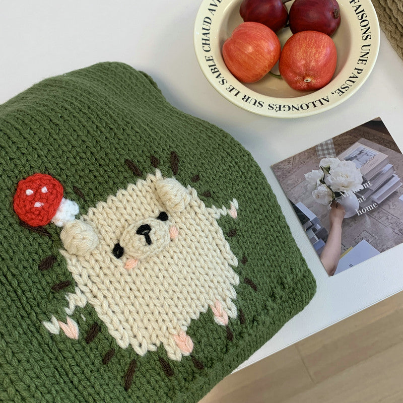 Mushroom Bear Embroidery Knitted Female Winter Warm Cute Scarfs