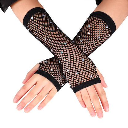 Rhinestone Mid-length Mesh Disco Stretch Colorful Gloves