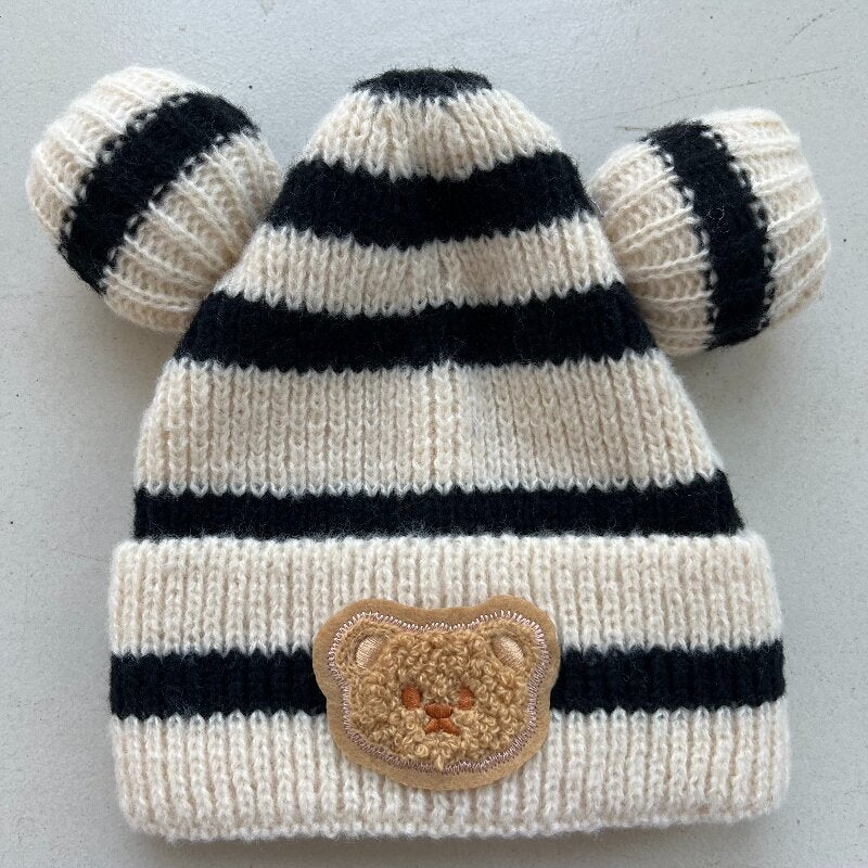 Children's Style Knitted Hat Boys Striped Bear Woolen Kids' Headwear