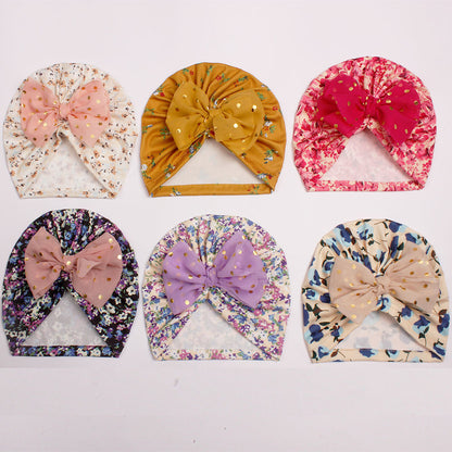 Children's Thread Beanie Printed Bow Knotted Hat Kids' Headwear