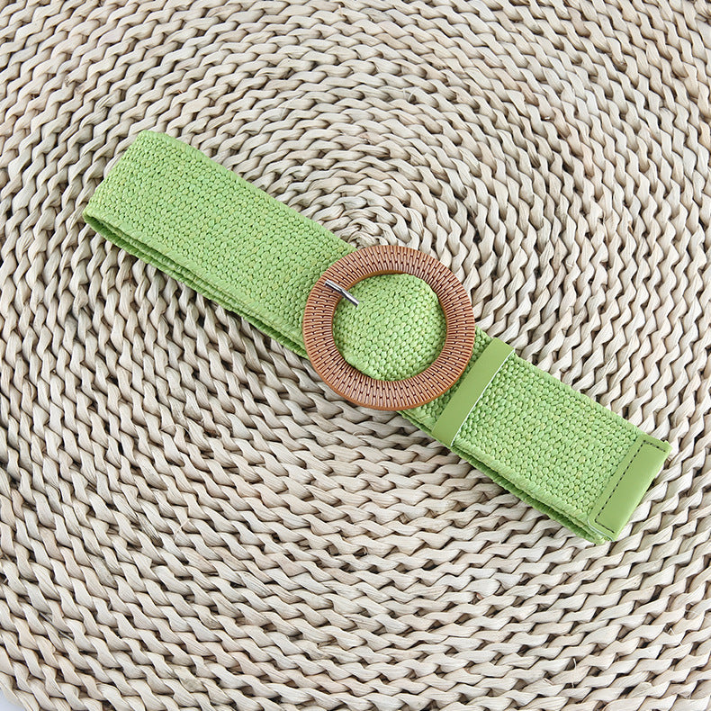 Women's Straw Woven Round Square Buckle Dress Belts