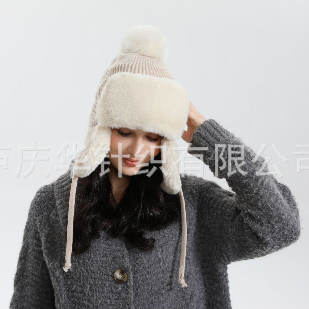 Women's Winter Thickened Cold Protection Plush Fur Ball Knitted Wool Hats & Caps