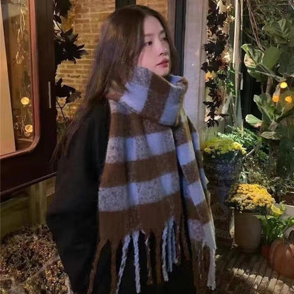 Women's Korean Versatile Plaid Tassel Winter Warm Scarfs