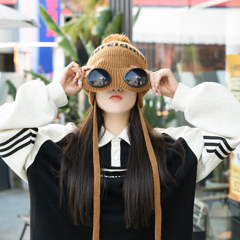 Women's Knitted Fur Ball With Glasses Woolen Hats & Caps