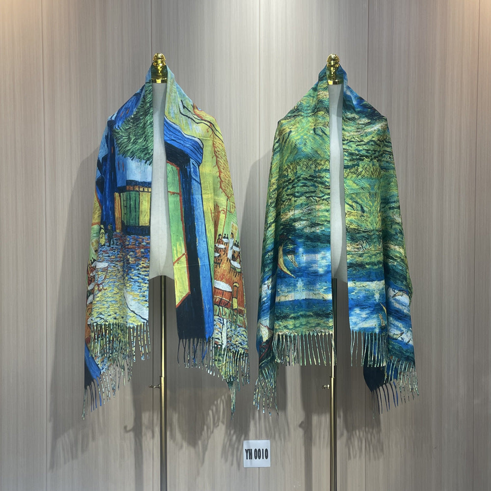 Women's Oil Painting Shawl Outer Match Tassel Scarfs