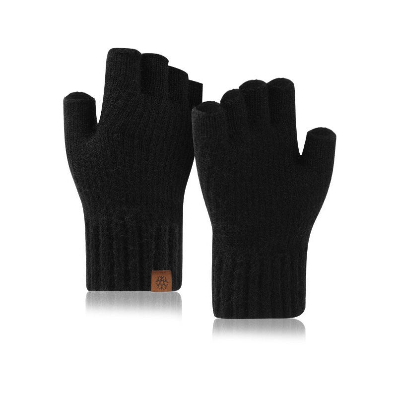 Men's Winter Outdoor Knitted Fleece-lined Writing Fingerless Gloves