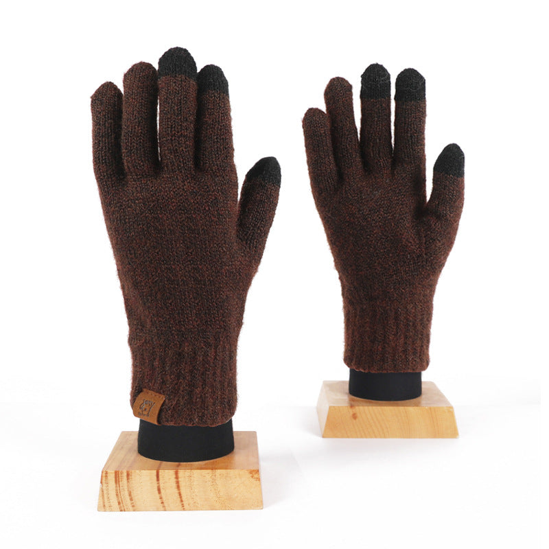 Wool Knitted Plaid Fleece-lined Thickened Cycling Five-finger Gloves