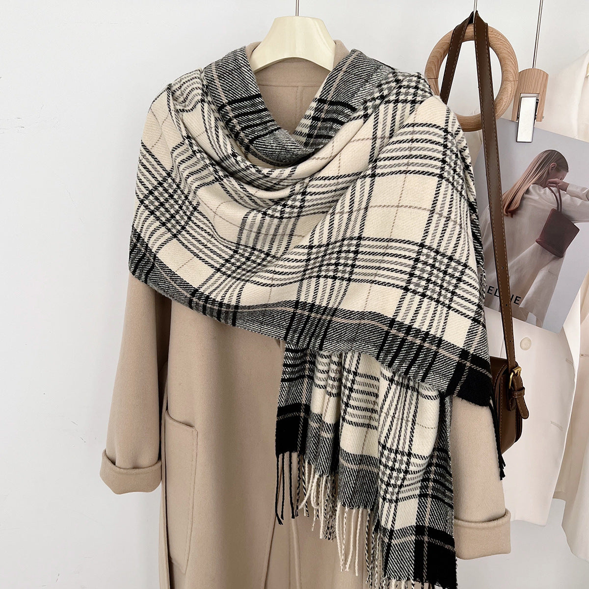 Women's Slouchy Plaid Korean Tassel Shawl Scarfs