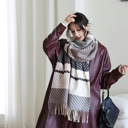 Women's Color Matching Plaid Thickened Warm Tassel Striped Shawl Scarfs