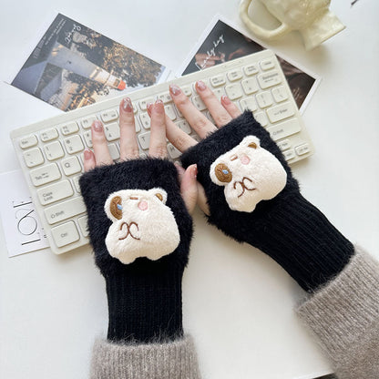 Half Finger Cartoon Knitted Bracers Thick Gloves