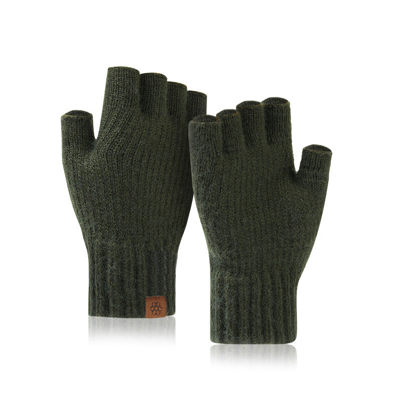 Men's Winter Outdoor Knitted Fleece-lined Writing Fingerless Gloves