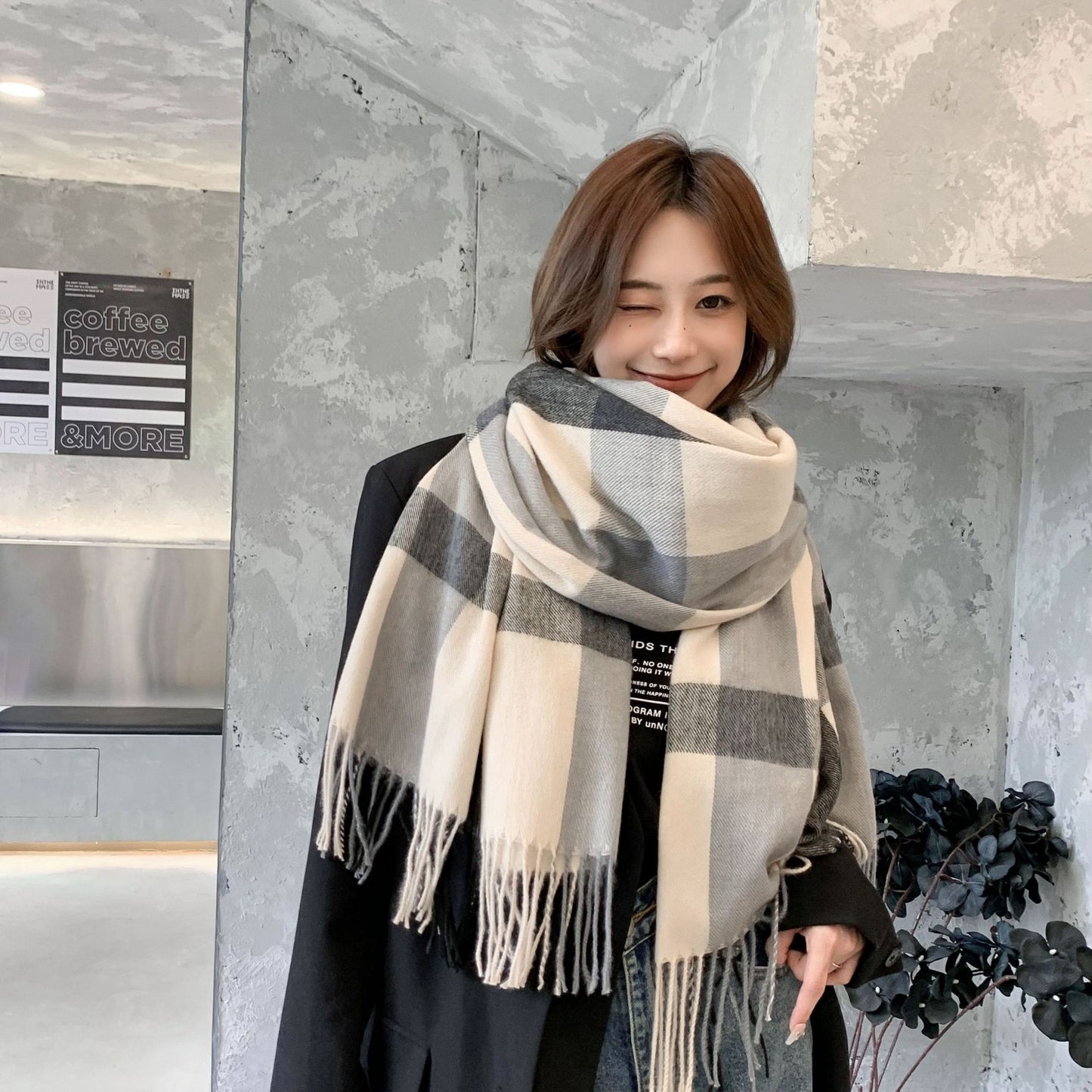 Women's Slouchy Plaid Korean Tassel Shawl Scarfs