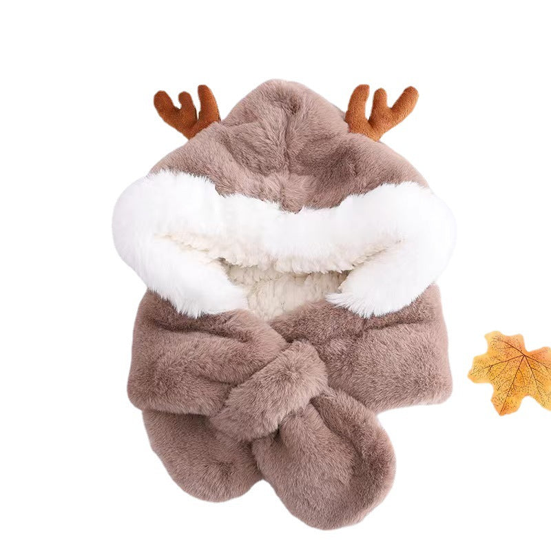 Children's Antlers Plush Bonnet Integrated Thickened Cold Kids' Headwear