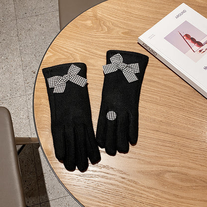 Women's Five-finger Black White Plaid Bow Outdoor Warm Gloves