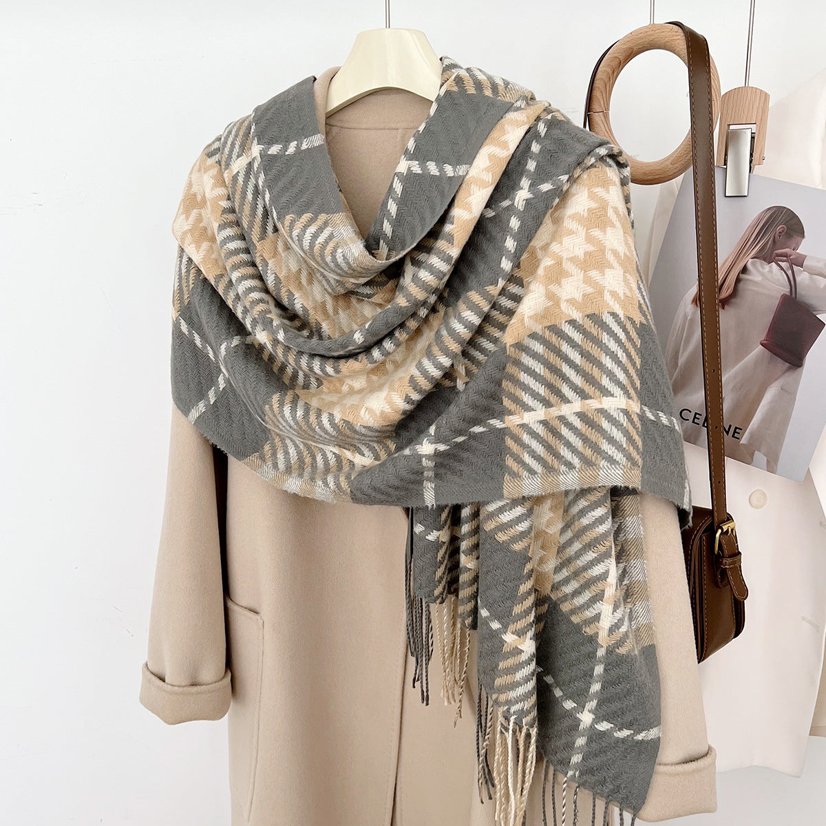 Women's Slouchy Plaid Korean Tassel Shawl Scarfs